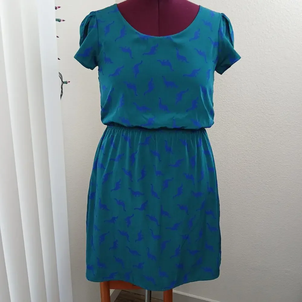 Peach Love California ModCloth Dino Print Dress M green blue blouson midi - Picture 5 of 13